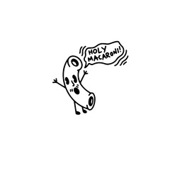 Funny cartoon macaroni character exclaims holy macaroni with playful energy and humorous expression