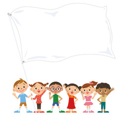白い大きな旗を持っている子供達が勢揃い