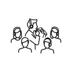 Voice recording session: An outline drawing captures the essence of a voice recording session. A central figure, microphone in hand and headset in place.