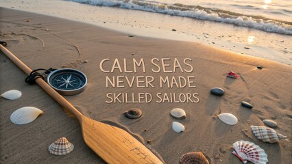 Serene beach scene with paddle shells and inspirational quote on sand