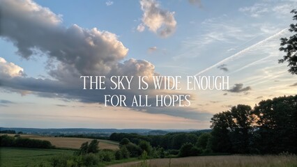 Scenic landscape at sunset with inspirational quote in the sky
