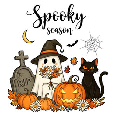 Obraz premium Cute ghost with witch hat and black cat pumpkins daisies by gravestone – spooky season halloween clipart
