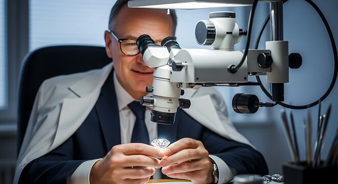 A jeweler examines a diamond under a microscope