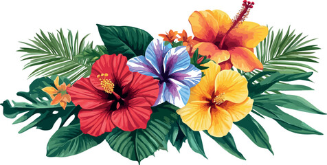 Vibrant watercolor bouquet of tropical hibiscus flowers and lush greenery on white background