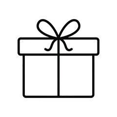 Gift Box Icon: A simple, elegant black and white illustration of a gift box, adorned with a delicate bow, representing the spirit of giving, surprise, and special occasions.