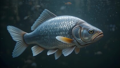 Fototapeta premium Highlight the shimmering scales of a silver carp darting through dark water