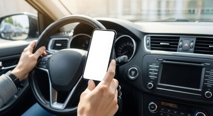 Driver inside a car looking at a blank smartphone screen while holding the steering wheel.