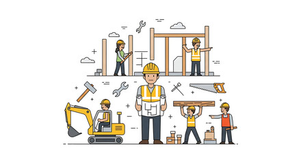 Illustration of construction workers building a house with various tools and equipment shown ai generated