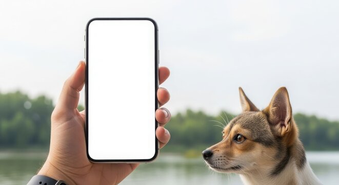 Hand holding a smartphone with a blank white screen, with a dog looking towards the right side of the frame and a blurred background.