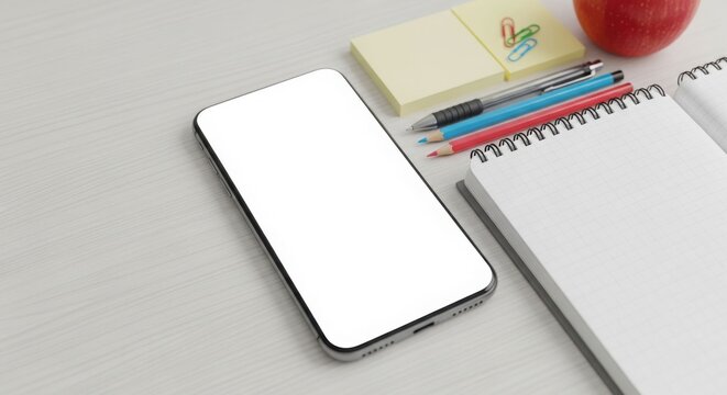 A smartphone with a blank screen sits beside stationery, a red apple, and a notepad on a white surface.