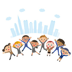 ビル街を背景に会社員がジャンプする様子