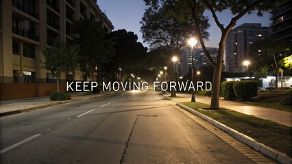 Urban night scene with inspirational quote and street view