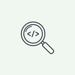 Magnifying glass over code symbol representing search.