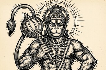 Hanuman linocut print on aged paper.