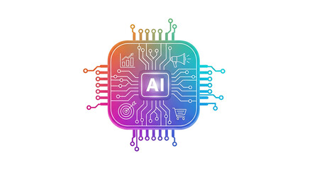 Colorful ai chip illustration with marketing and sales icons on a white background design concept ai generated