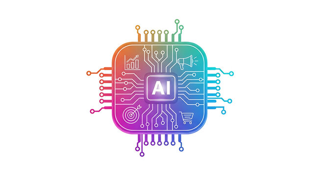 Colorful ai chip illustration with marketing and sales icons on a white background design concept ai generated