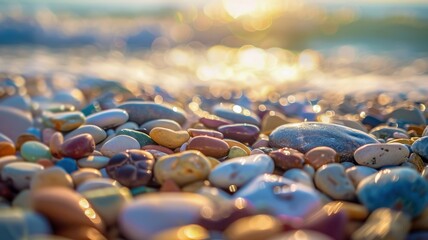 Obraz premium Rainbow pebbles on shore with gentle sea waves