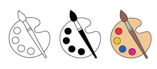 Three stages of an artist s paint palette with brush isolated on white background