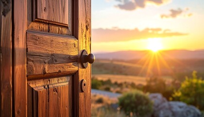 Wooden door ajar revealing a sunset landscape with vibrant colors and distant hills