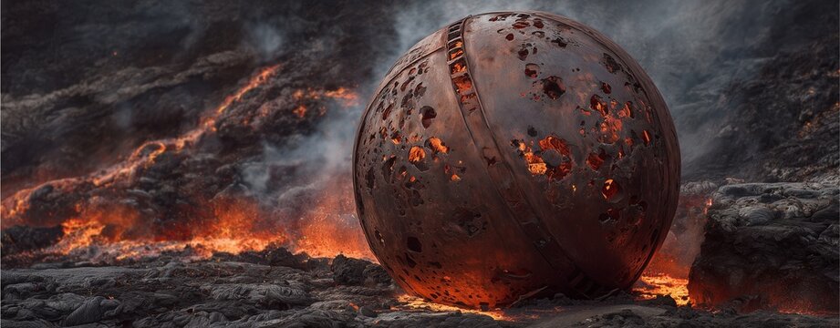 A fiery orb: A captivating shot shows a massive sphere of enigmatic origin, emitting an incandescent glow within a desolate landscape, exuding a sense of mystery and ancient power.