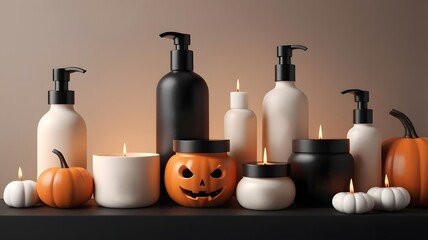 Halloween-Themed Arrangement of Candles, Pumpkins, and Cosmetic Bottles