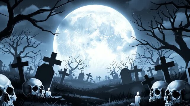 Eerie halloween wallpaper of a haunted graveyard with skulls and tombstones under a glowing full blue moon