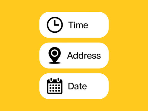 Event details time address date icons on yellow background
