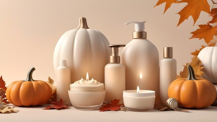 Elegant Autumn-Themed Spa Setup with Pumpkins, Candles, and Cream Bottles