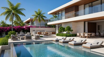 Fototapeta premium Exquisite modern villa featuring a sparkling infinity pool, chic outdoor furniture, and vibrant tropical gardens. Ideal for luxury living, tropical escapes, and contemporary architecture.