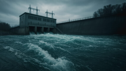 Hydroelectric Power Station: A dramatic perspective of a hydroelectric power station, with a surging river and dark, moody skies, emphasizing the power of nature and industrial strength.