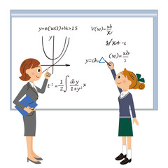 大きな黒板の前で数学の勉強する学生