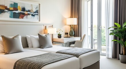 Elegant and contemporary twin hotel room featuring two comfortable beds, stylish abstract art, a functional desk, and a serene balcony view. Perfect for modern living spaces.