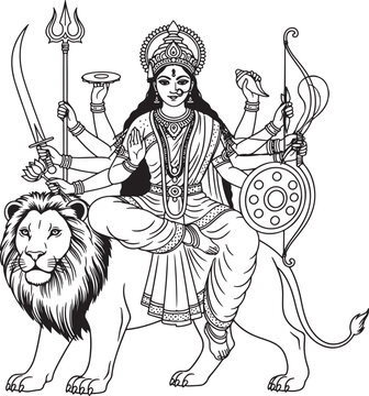 Goddess Durga Riding a Lion in Line Art Style Keywords: Durga, lion, Hindu goddess, warrior, divine