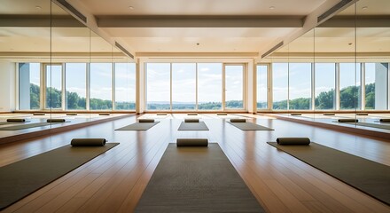 Spacious and bright yoga studio with a panoramic view of lush green trees, featuring multiple yoga mats on a polished wooden floor. Ideal for relaxation.