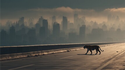 City Silhouette with Shadow of the Cat: A magnificent cat gracefully traverses an urban road, its silhouette a stark contrast against the foggy skyline of a sprawling cityscape.