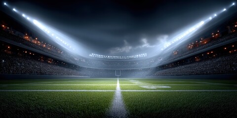 Dramatic view showcases packed stadium, filled crowds, ready witness exciting game. Bright stadium lights shine across well-maintained grass field. Goal posts stand tall, ready kickoffs, touchdowns,