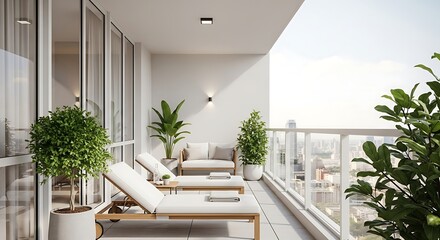 Experience urban tranquility on a contemporary high-rise balcony, featuring stylish lounge seating, vibrant plants, and panoramic city views. Ideal for modern living.