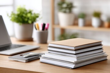 Focus, workspace, featuring, stack, notebooks, placed, wooden, desk, near, laptop, pens, plants, background. Office, setting, conveys, productivity, creative, atmosphere, suitable, various, business,