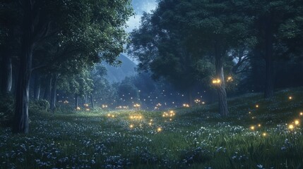 A serene forest at dusk, illuminated by glowing fireflies among vibrant greenery and wildflowers.