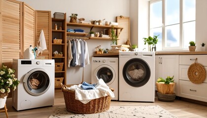 Modern laundry room with washing machines, laundry basket, and natural light streaming in