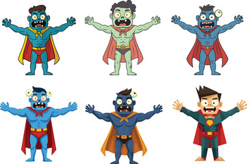 Funny zombie superheroes cartoon, muscular undead heroes, animated scary supermen, comic character illustration, monster hero artwork, spooky superhero costume, weird comic parody, horror humor design