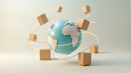 World trade logistics with parcels and global delivery symbol, pastel tones.
