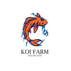 A modern and stylized koi fish logo featuring an orange koi swimming in a circular motion with water splash elements. Perfect for branding related to aquaculture, koi farms, pet shops, seafood busines