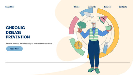 Old Man Giving Instructions on Good Food Healthy Food Such as Fish, Fruit and Stay Hydrated. Elderly Flat Vector Illustration and Can Be Used on Senior Healthcare Medical Landing Page