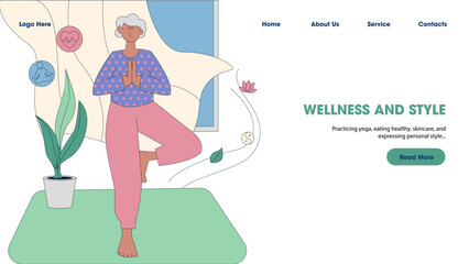Old Woman is Practicing Yoga, She looks Wellness and Style. Elderly Flat Vector Illustration and Can Be Used on Senior Healthcare Medical Landing Page