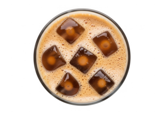 Top down iced coffee close up isolated on transparent background