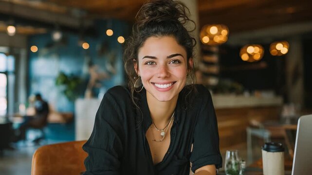 Beautiful American woman smiling confidently at camera while seated in modern cafe, laptop and coffee cup beside her, casual business vibe
