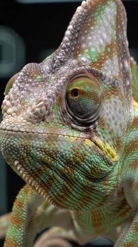 Magnificent panther chameleon ecu video, its turret eyes scanning, subtle color shifts on textured skin. slow push-in to eye, pan across unique adaptive skin. ms from low angle against blurred