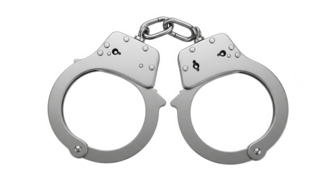 Polished metal handcuffs top view isolated on transparent background