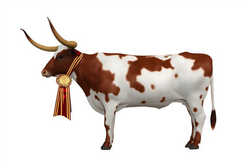 3D professional render of a Texas longhorn cow, full body side view with fairground ribbon, glossy realistic texture
